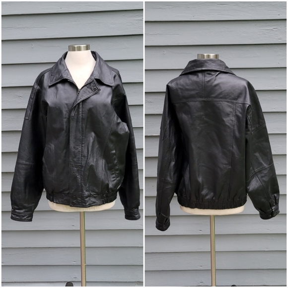 Vintage 90s y2k Black Leather Car Coat Racer Racing Moto Bomber Jacket Medium - Picture 1 of 6